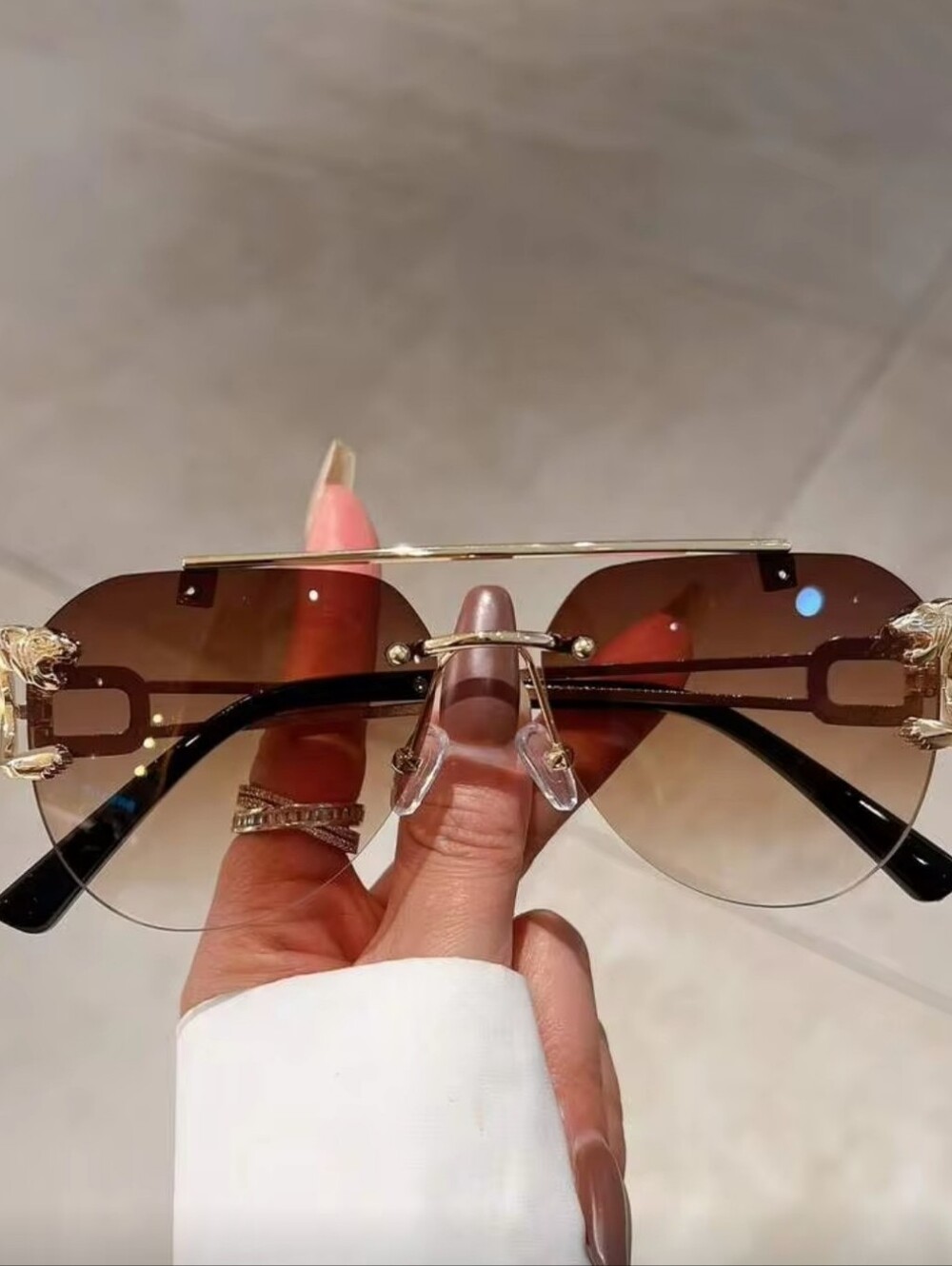Brown Gradient Rimless Sunglasses with Gold Accents
